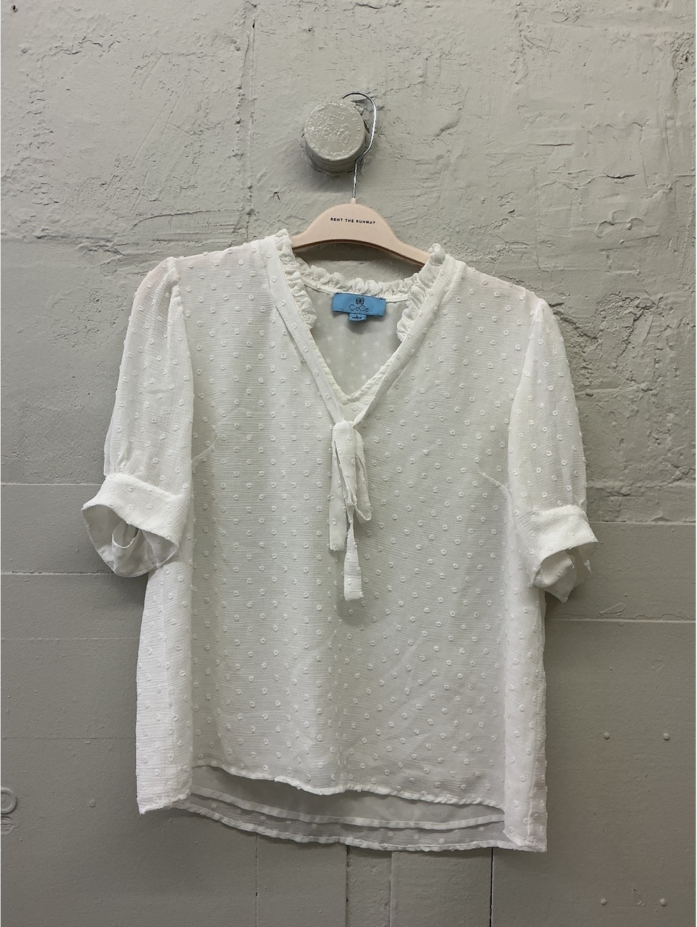CeCe White Swiss Dot Tie Neck oversized boxy fit puff sleeve Blouse